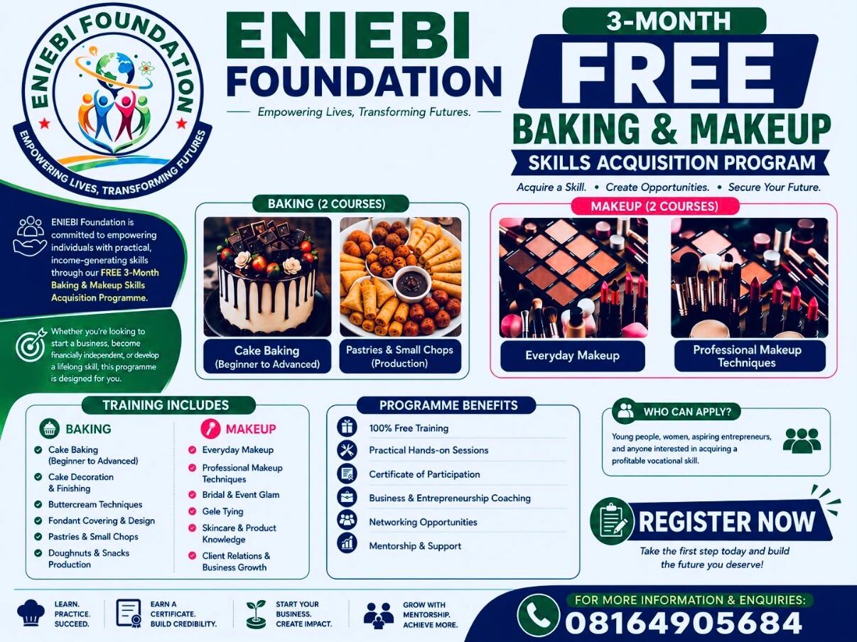 Eniebi Foundation 3-Month Free Baking & Makeup Skills Acquisition Program flyer
